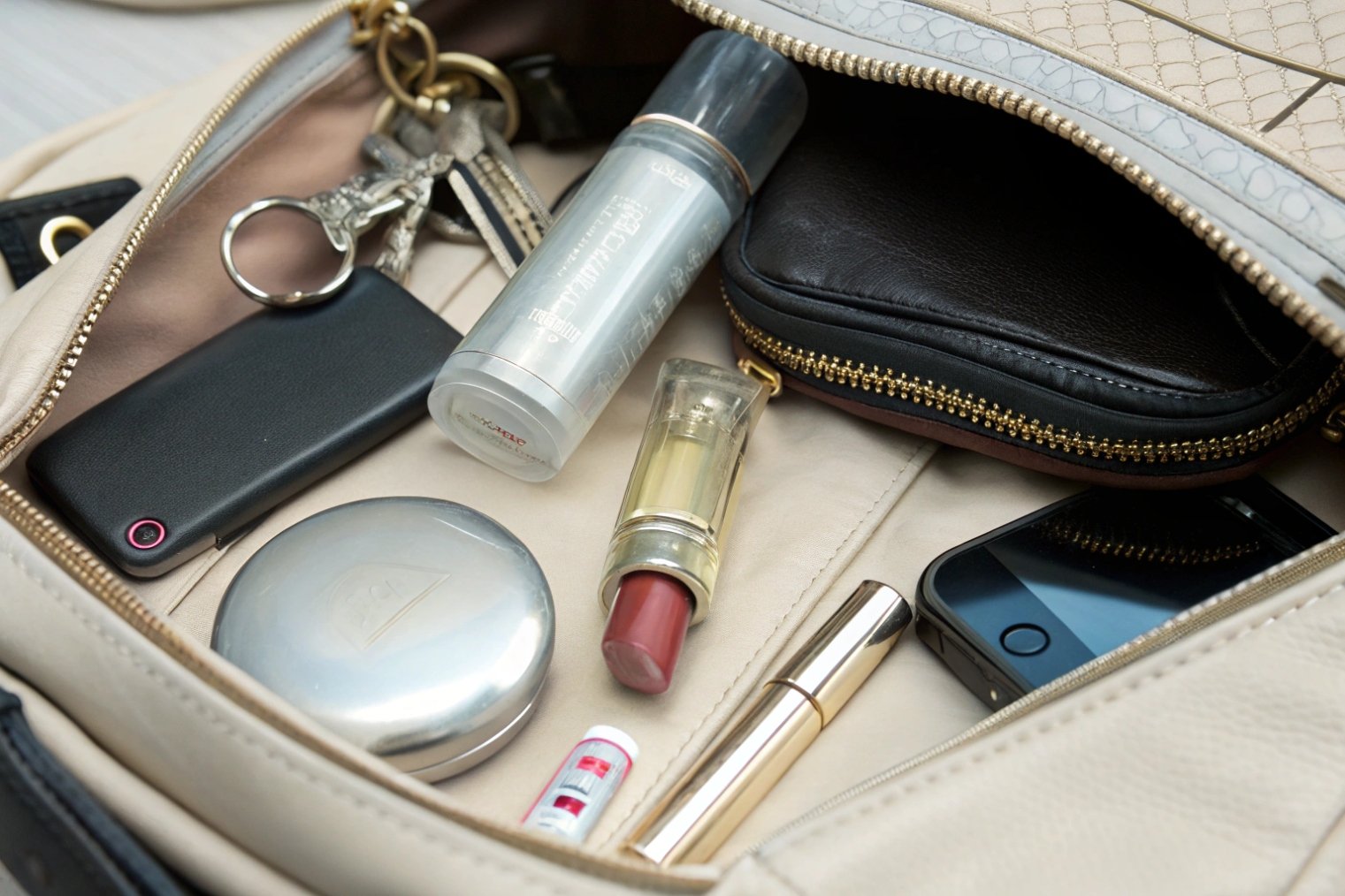 Open handbag filled with everyday essentials including a compact, lipstick, mini fragrance spray, phone and keys