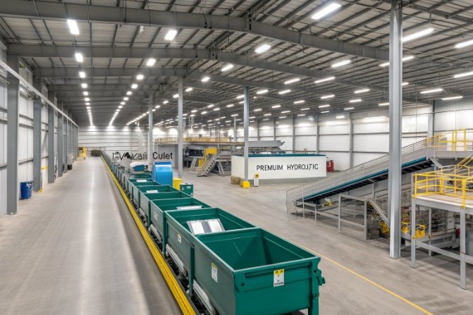 Recycling line with alkali cullet bins and premium hydrolytic glass processing area