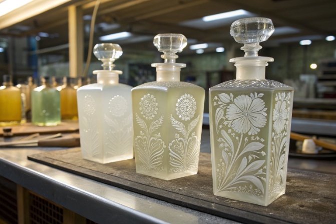 Frosted etched glass perfume bottles on workshop line, decorative finishing for wholesale.