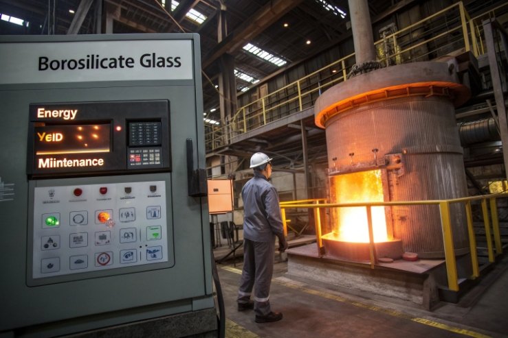 Borosilicate glass manufacturing furnace with operator and control panel in production workshop