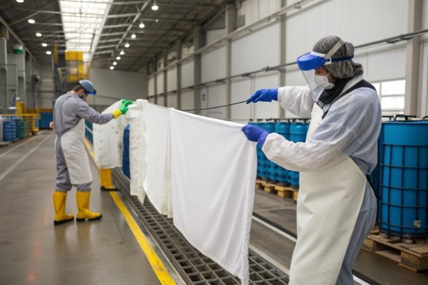 Workers handling sanitation cloths in factory aisle near blue chemical drums for cleaning procedures