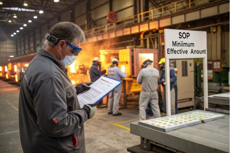 Quality inspector reviewing SOP checklist beside glass bottle production and furnace area