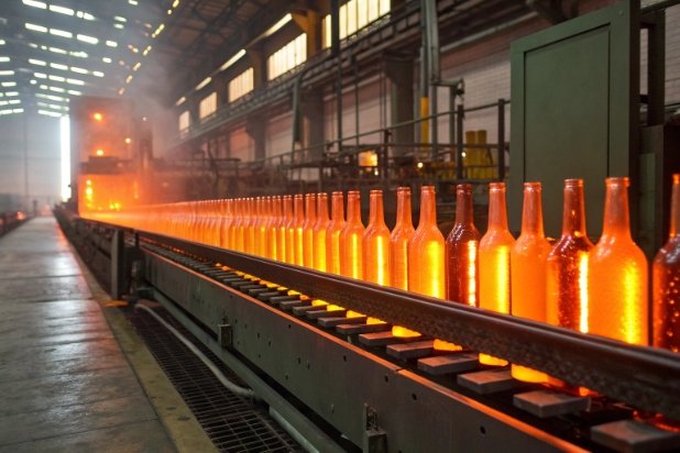 Hot bottle annealing Hot glass bottles moving through annealing conveyor inside industrial glass manufacturing plant