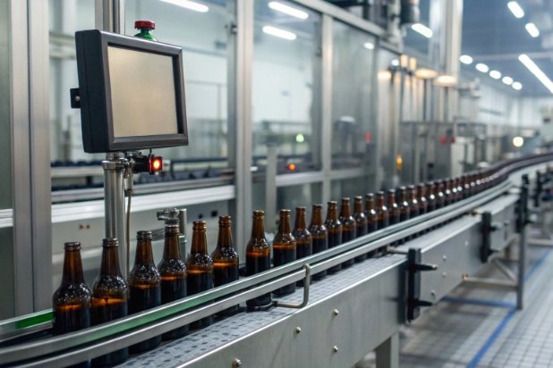 Brown glass bottles on conveyor with inspection monitor in automated bottling line