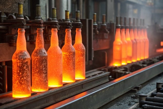 Hot-end production line: a row of glowing, newly formed glass bottles on a conveyor near forming equipment—visualizing forming/thermal window and defect risk at high temperature.
