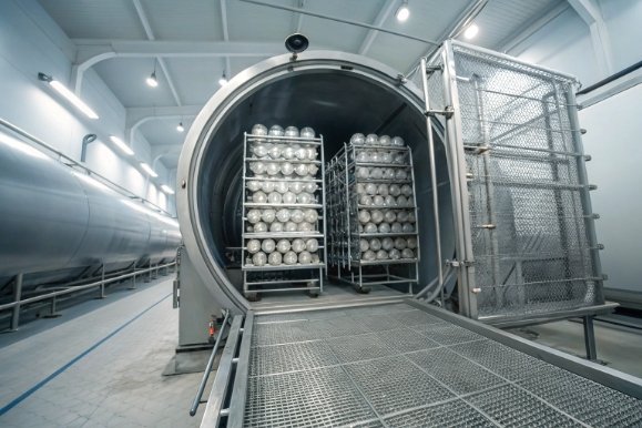 Industrial autoclave chamber with racks of bottles for sterilization and pharmaceutical packaging