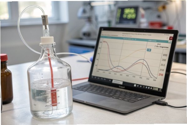 Lab setup measuring bottle vacuum and pressure curves on laptop for QA testing