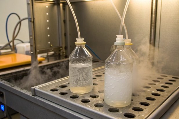 Plastic bottles in chilled bath with vapor for thermal shock and stability testing