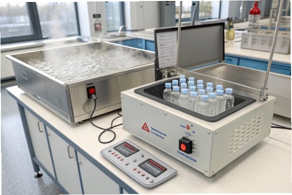 Laboratory thermal shock bath testing small bottles for hot fill durability