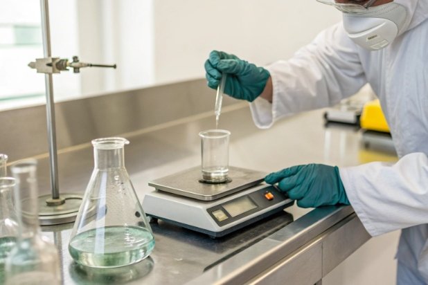 Technician pipetting sample onto scale beside flasks for laboratory quality analysis