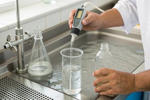 Technician measuring liquid quality with handheld meter beside glassware and sample bottle