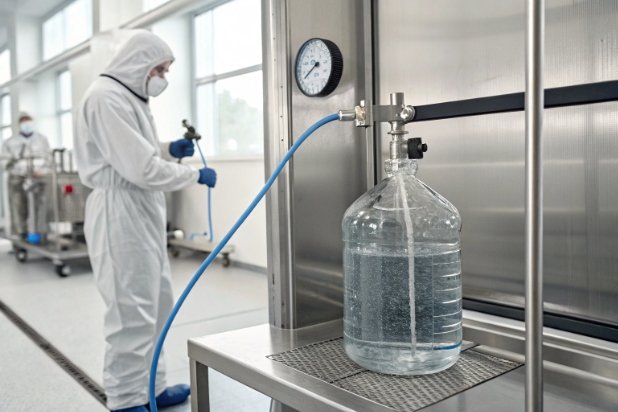 Operator testing large water jug filling system with pressure gauge in cleanroom