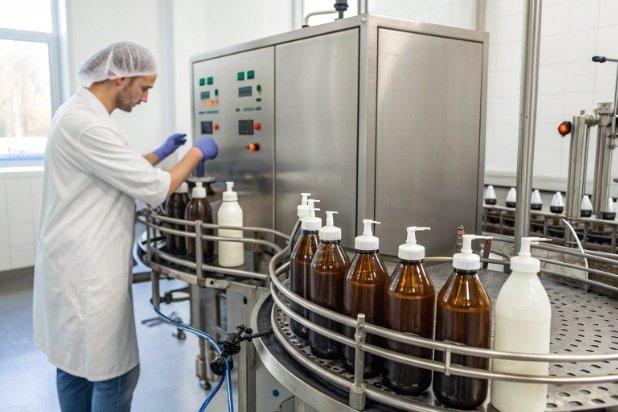 Operator monitoring rotary filling machine with amber bottles and pumps in clean facility