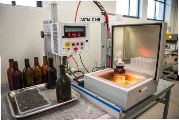 ASTM thermal shock testing machine evaluating glass bottles for durability