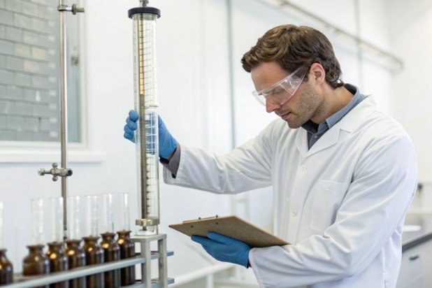 Quality inspector measuring glass bottles in lab with clipboard and safety gloves