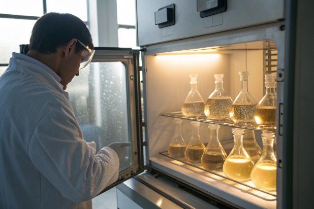 Stability testing chamber Lab technician checking flasks in illuminated incubator for stability and temperature testing