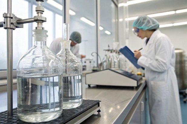 Lab quality testing Laboratory technicians recording quality tests beside large glass containers in cleanroom