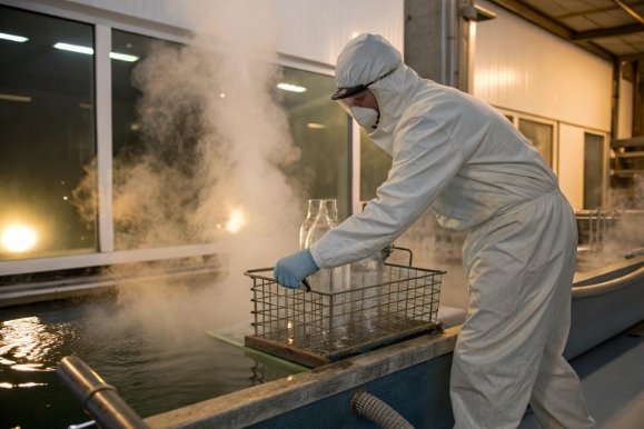Factory worker in protective suit lifting glass bottle crate from steaming sterilization tank