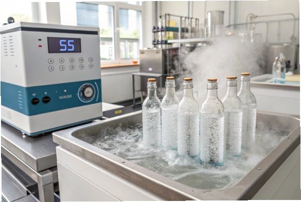 Glass bottles in ice bath chamber for thermal shock and hot fill simulation