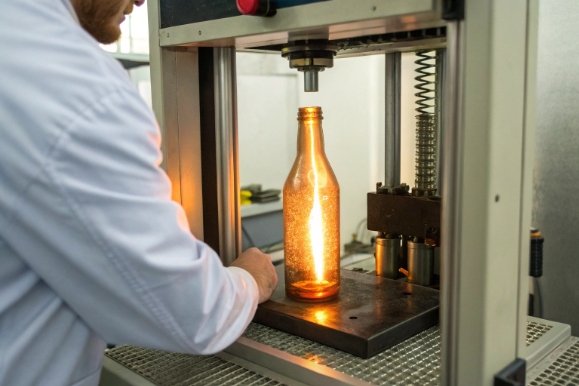 Technician performing hot glass bottle strength test inside laboratory press equipment