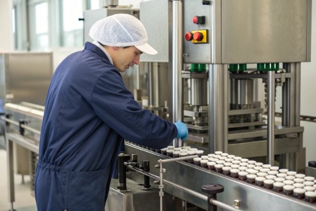 Operator placing caps on small bottles on automated capping line for production