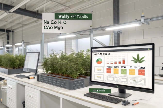 Lab bench with monitor showing weekly XRF results and cullet composition dashboard.