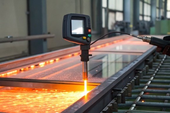 Infrared sensor measuring hot glass sheet temperature on production conveyor line