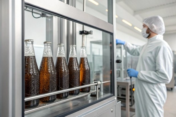 Technician monitoring glass beverage bottles in automated line for cooling and QC