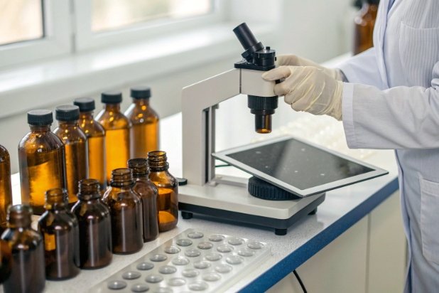 Microscope bottle testing Lab technician using microscope to inspect amber bottles for pharmaceutical packaging quality