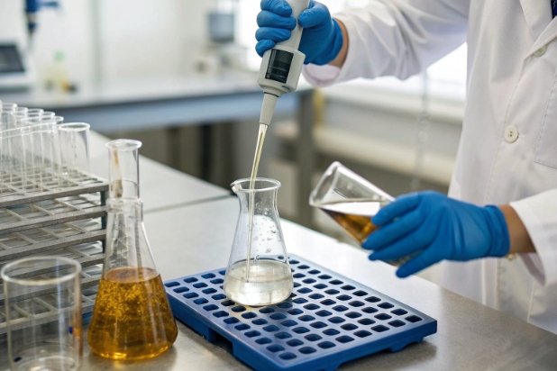 Lab Pipette Analysis Technician pipetting sample into flask for laboratory quality control analysis