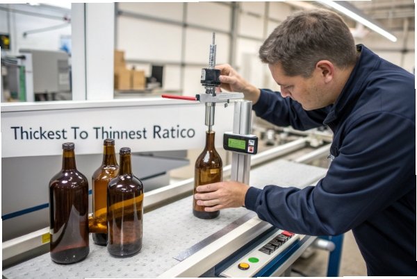 Wall Thickness Check Technician measuring bottle wall thickness ratio with gauge during quality inspection