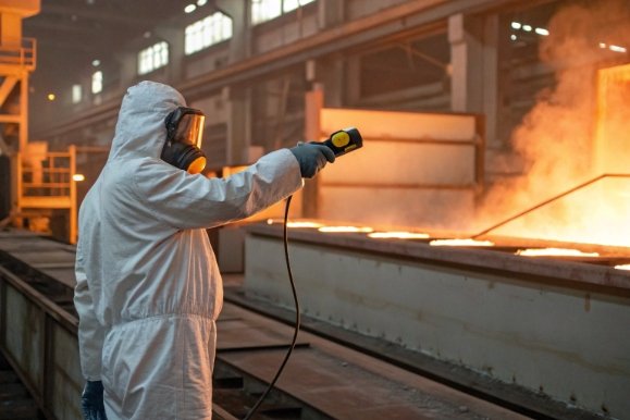 Worker measuring molten glass temperature with handheld sensor in industrial glass plant