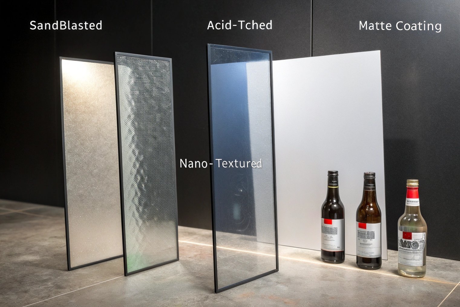 Sandblasted, acid-etched, nano-textured and matte-coated glass panels in front of bottled beverages