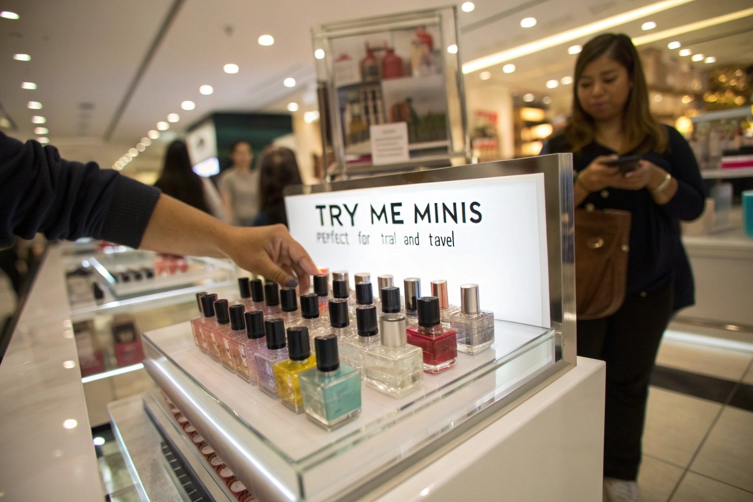 retail display of colorful mini perfume glass bottles labeled try me minis