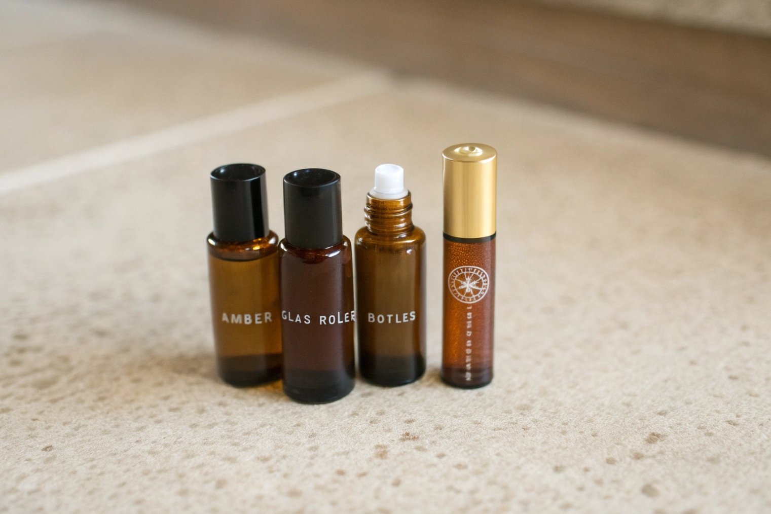 Set of four amber glass roller bottles for perfume or essential oil packaging.