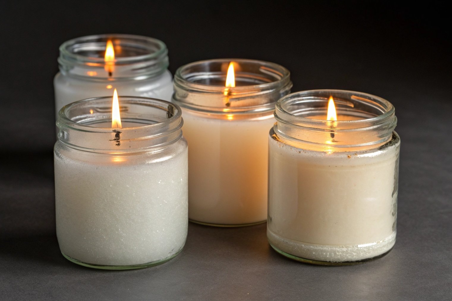 Four ivory candles burning in straight sided clear glass jars against dark background.