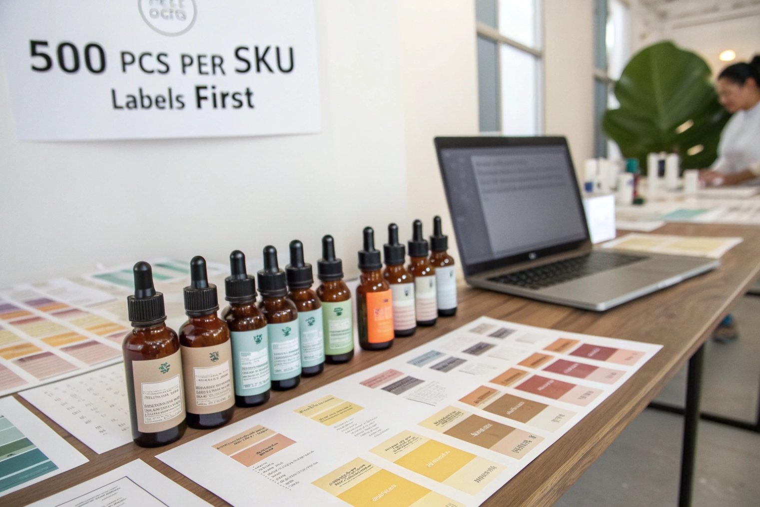 line of amber dropper bottles with different label colors and Pantone charts on table