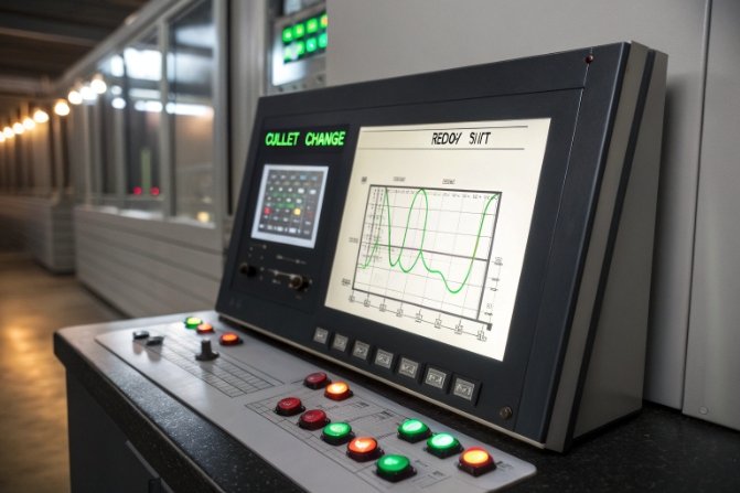 Close-up process control panel displaying trend graph and status buttons