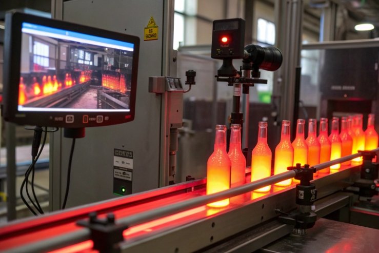 Automated camera inspection of hot glass bottles on quality control conveyor