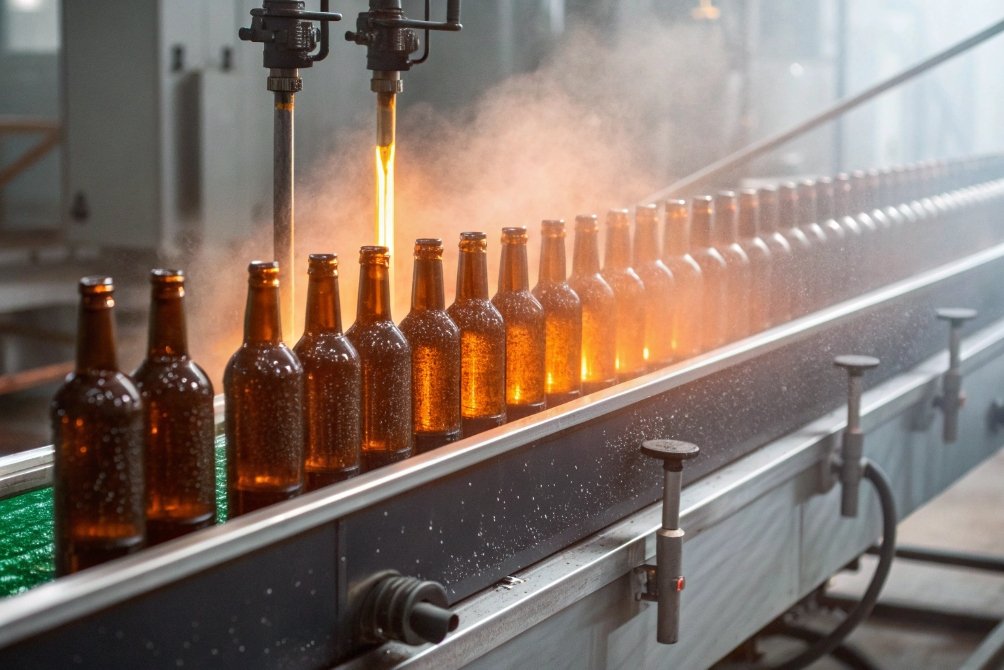 Amber glass beer bottles passing hot end coating shower on conveyor line