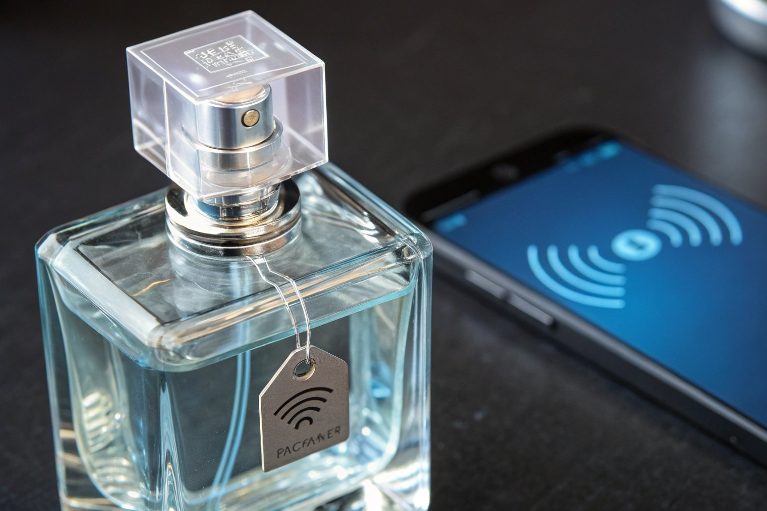 smart perfume glass bottle with wireless tag beside connected smartphone screen