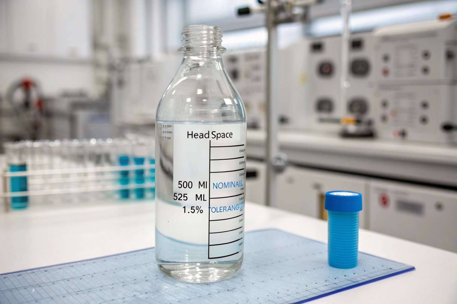 Laboratory measuring glass bottle showing headspace and nominal fill volume markings