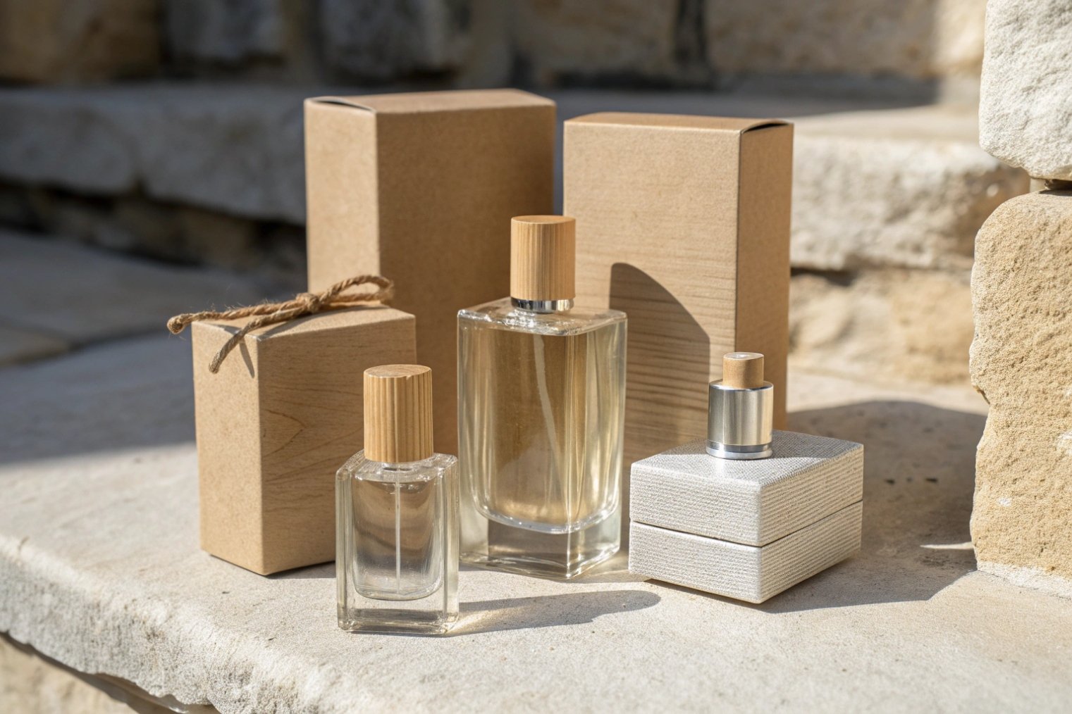 Fragrance bottles with wood caps and simple kraft cartons styled outdoors in natural light