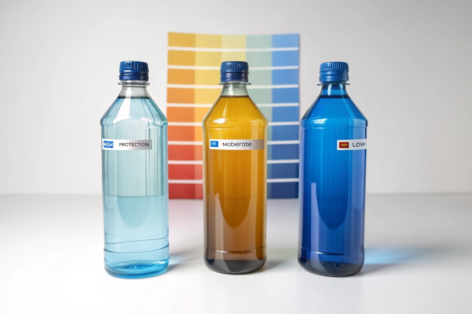 Colored pharmaceutical glass bottles showing different light protection levels against color scale