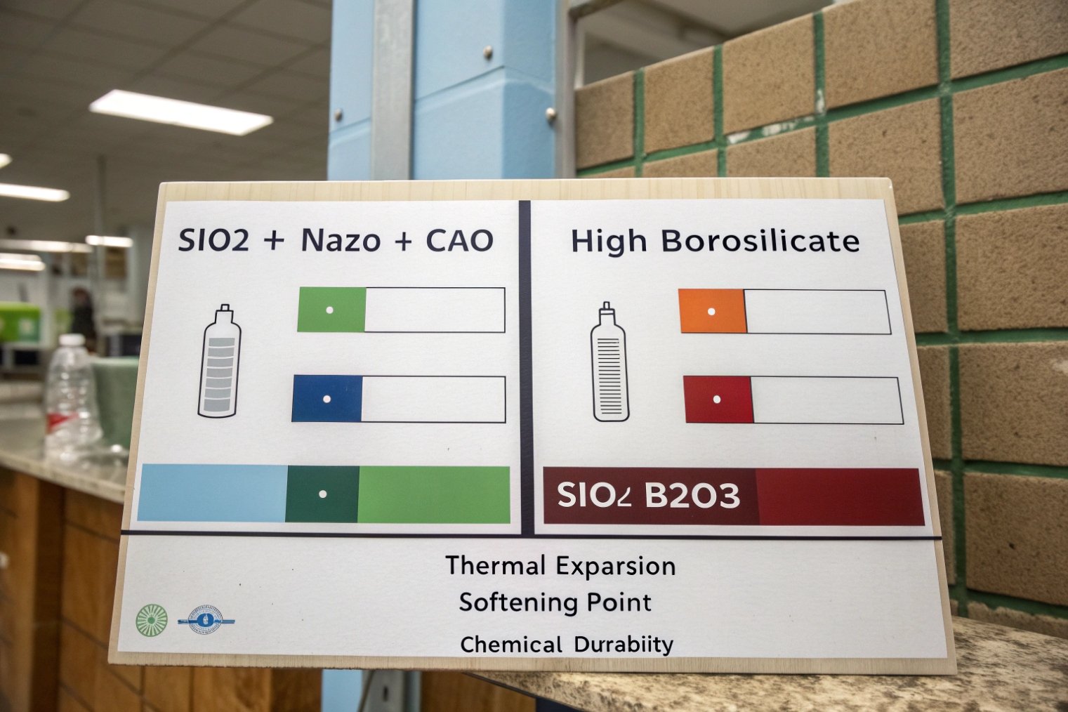 Lab poster comparing soda-lime glass and high borosilicate properties and performance