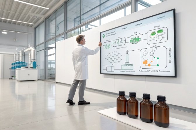 R&D engineer presenting glass process flow with amber bottles for pharmaceutical packaging