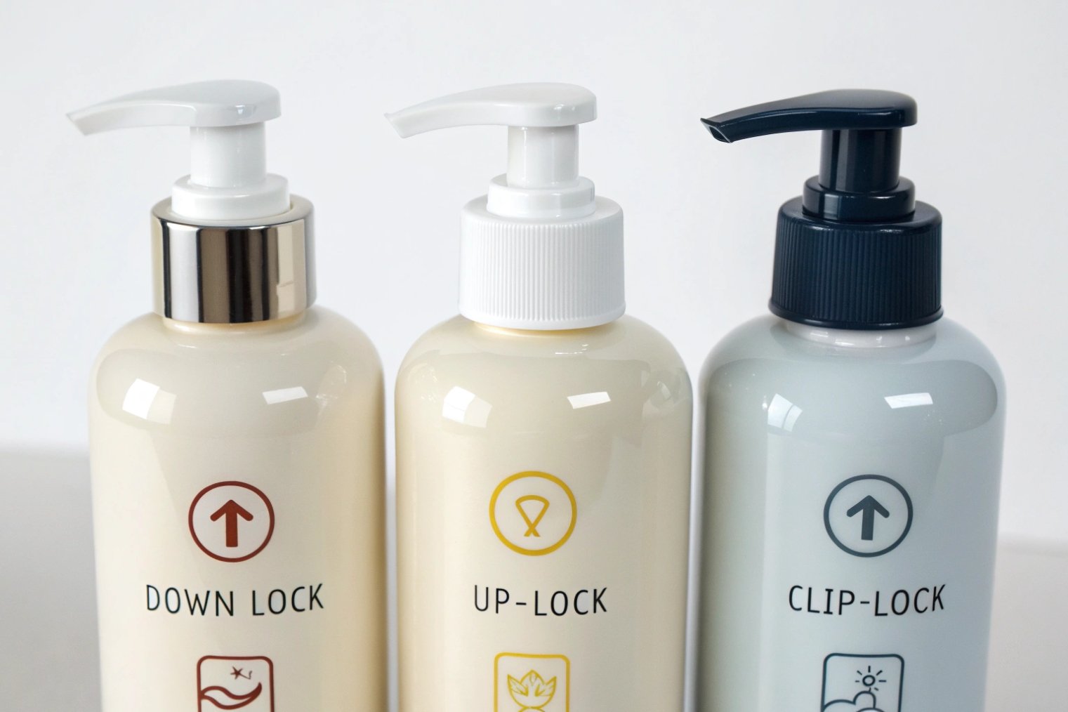 three cosmetic pump bottles showing down lock up lock and clip lock designs