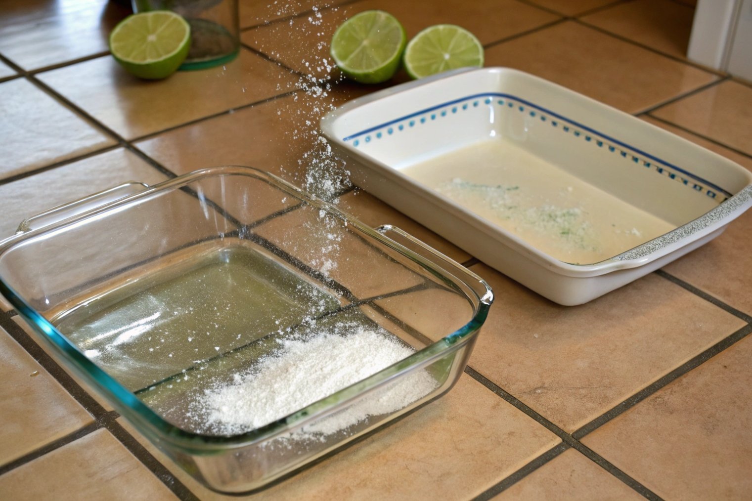 Clear borosilicate baking dish next to ceramic pan on kitchen countertop