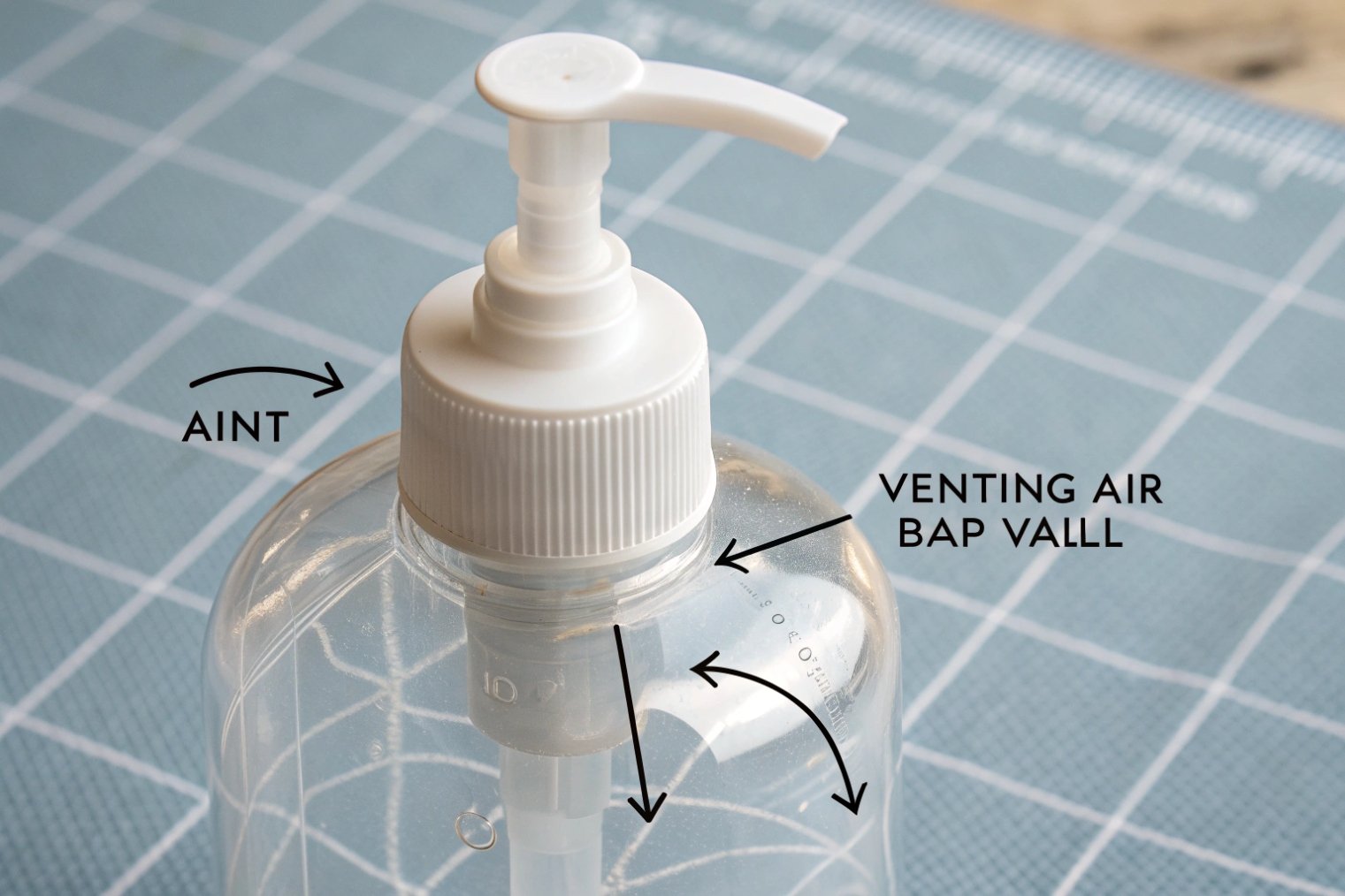 Clear soap dispenser bottle showing venting air gap wall around pump closure.