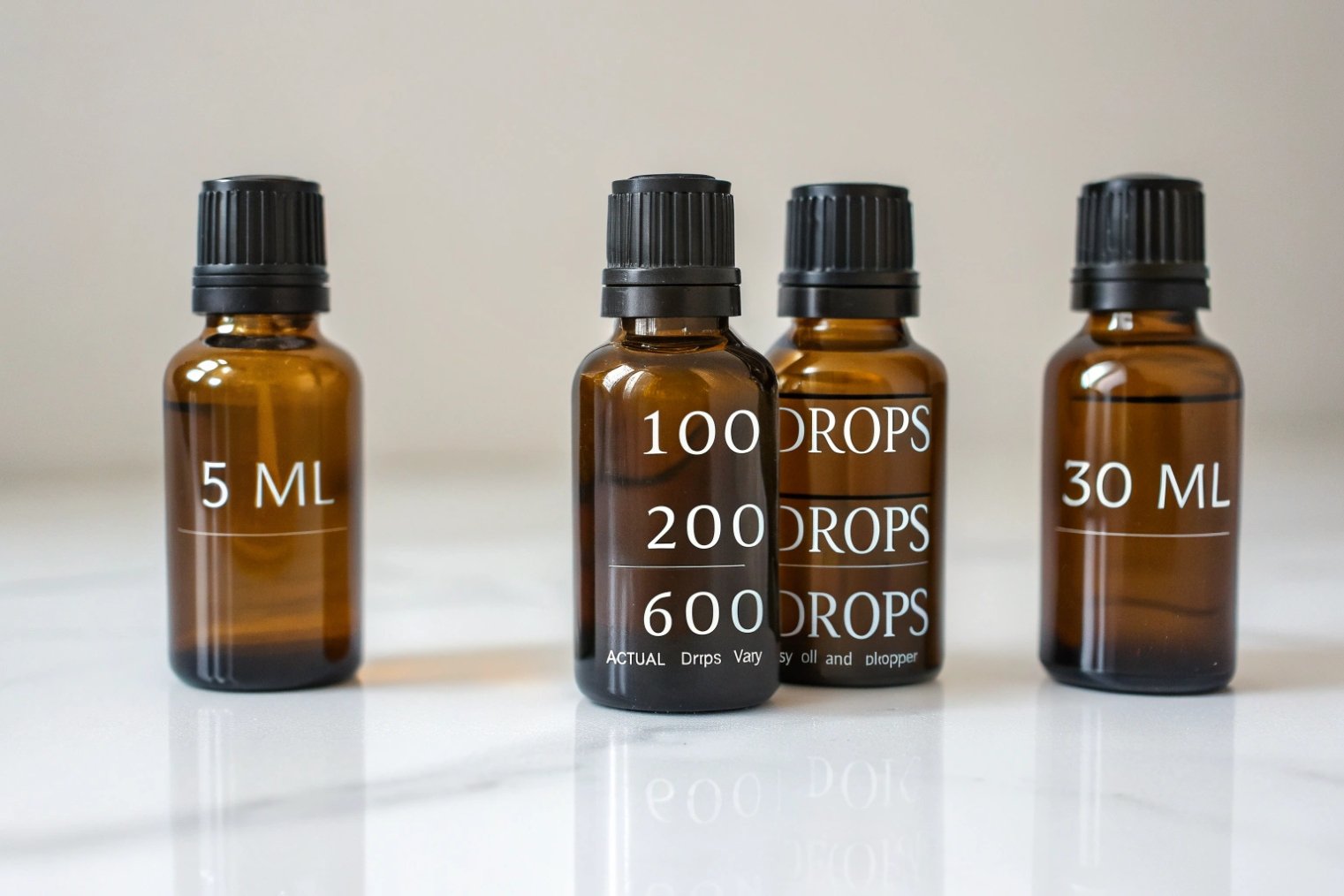 set of amber essential oil bottles labeled 5 ml 30 ml and drops counts